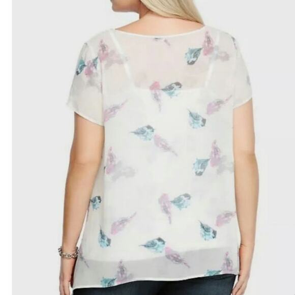 Torrid sheer short sleeve bird print shark bite hemline blouse woman's size 1X - Picture 5 of 11